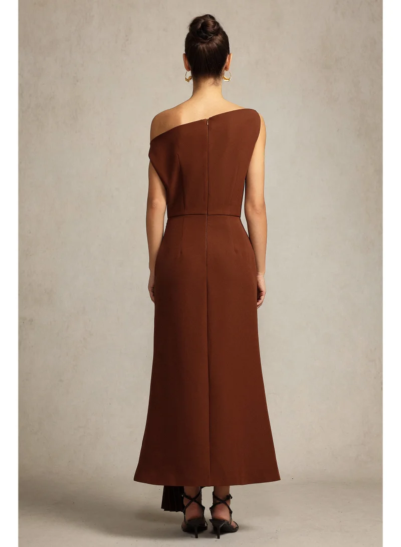 Bella Barnett  Paulina Oblique Shoulder Sleeveless Folds Brown Midi Dress for Women | Best Price UAE